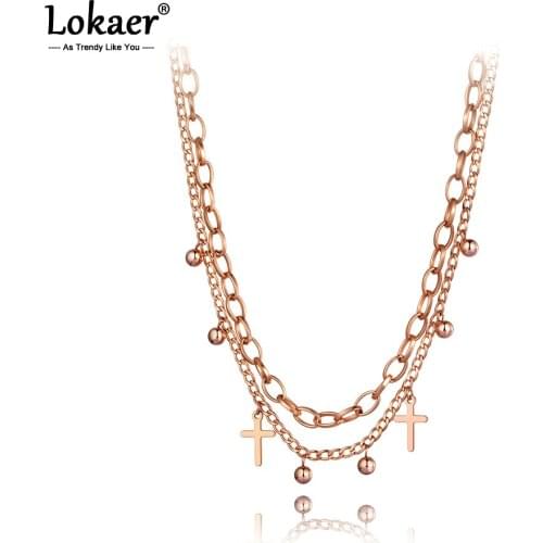 Lokaer Trendy Stainless Steel Double-layer Cross & Ball Charm Choker Necklace Beach Party Pendant Necklace For Women N20214
