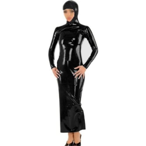 Plus Size PVC Bodycon Maxi Dress Wetlook Long Sleeve Hooded Ankle Length bandage Dresses Women Halloween Cosplay Party Club Wear