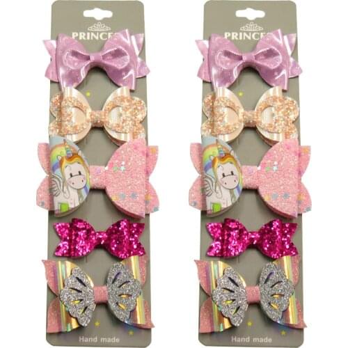 10PCS/SET Pretty Pink Unicorn Baby Girls Clip Leather Bows Child Tie Knot Creativity Handmade Hairpins Hair Accessories For Kids