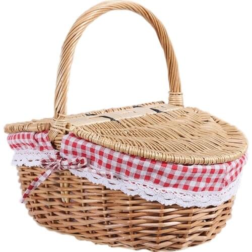 Promotion! Country Style Wicker Picnic Basket Hamper with Lid and Handle & Liners for Picnics, Parties and BBQs