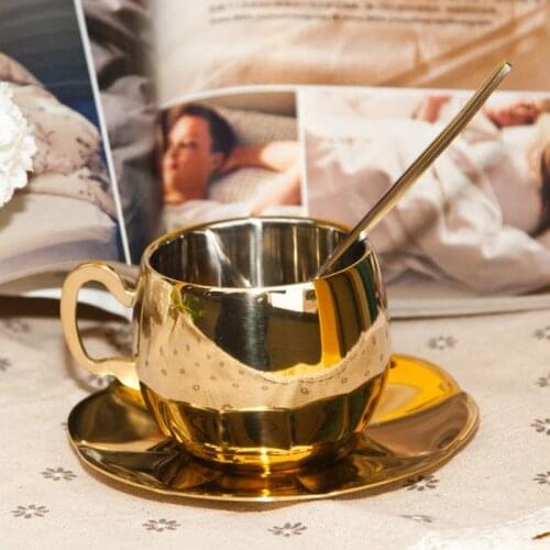 Double layer stainless steel coffee cup and saucer gold and silver coffee cup Nordic simple Mug afternoon tea cup for home d