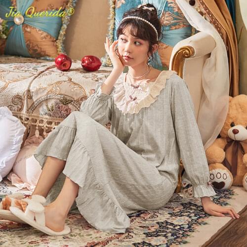 Grey Victorian Dressing Gown Fashion Nightgown Lace Trim Round Neck Multi Color Big Size Cotton Home Dress M-5xl Sleeping Dress