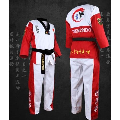 Good Quality Red Black tae kwon do dobok long-sleeve adult Martial arts Taekwondo uniform sport training clothes Red Children