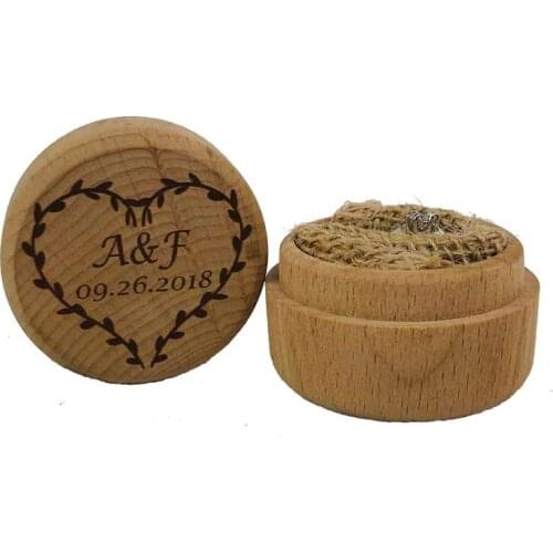 Personalised Vintage Wedding round Wooden Ring Box Custom Names and date rustic wedding decoration centerpieces
