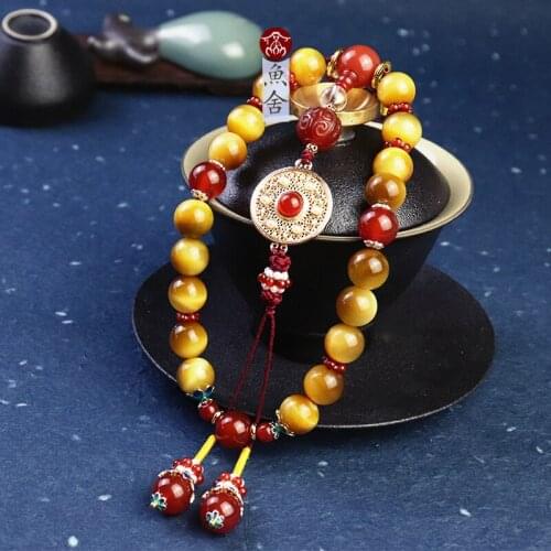 Tiger Eye Stone Qing Dynasty palace 18 sons pressing Lapel cheongsam beads pendant with Chinese Ancient Style Bracelet