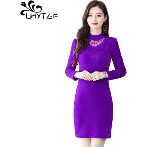 UHYTGF Fashion Women Autumn Winter Top New Lace Plus Cashmere Bottoming Skirt Long Sleeve Pullover Casual Warm Female Dress 1884