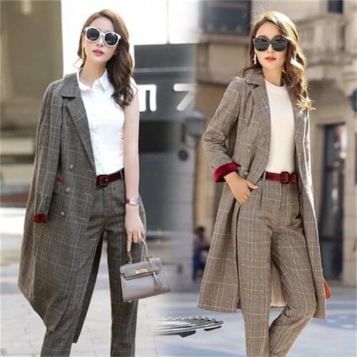 Ms. trousers Set fashion ladies long section of Lattice stripes suit OL professional office lady autumn Blazers two piece set A