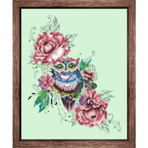Flower Owl cross stitch kits rose pattern 18ct 14ct 11ct light green fabric cotton thread DIY embroidery kit for beginners