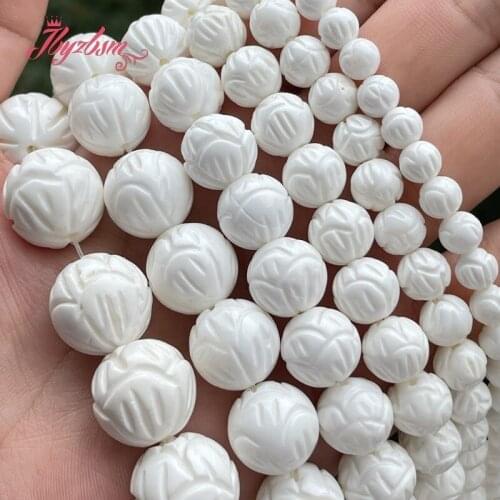Natural AA Grade White Tridacna Shell Carved Lotus Round Stone Beads Loose For DIY Necklace Bracelet Jewelry Making Strand 15"
