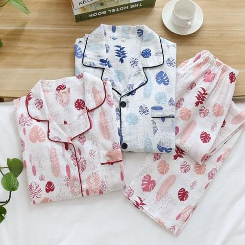 New Leaf Gauze Couple Pajamas Double-layer Cotton Yarn Pyjamas Set Simple Long-sleeved Trousers Sleepwear Two-piece Home Clothes