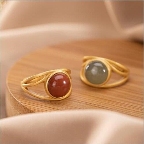 New Silver Natural Southern Red Agate Ring Female Model Hetian Sapphire Irregular Hollow Opening Adjustable Ring