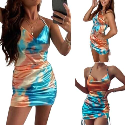 Backless Drawstring Pleated Skinny Dress Womens Sexy Lace-up Halter Dresses Fashion Printing Short Female Vestidos