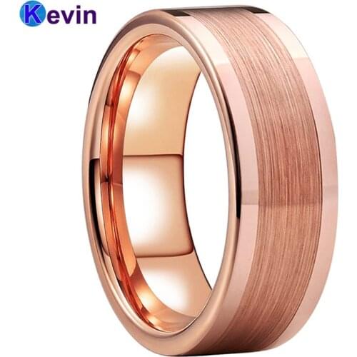 Men Women Flat Wedding Band Rose Gold Tungsten Ring With Brush Polish Finish 8MM Comfort Fit