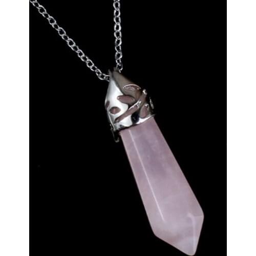 KFT Silver Plated Natural Rose Pink Quartz Hexagon Prism Stone Pendant Necklace Cahin 18inch Charm Jewelry