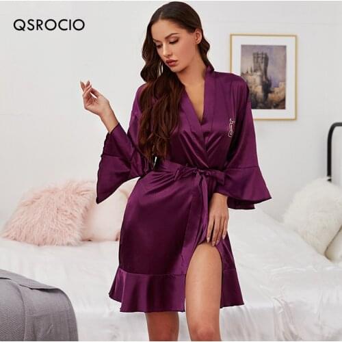 QSROCIO Summer Womens Pajamas Rhinestone Demon Heart Robe Sleepwear Silk Like Lady Bathrobe Home Clothes Sexy Nightwear Femme