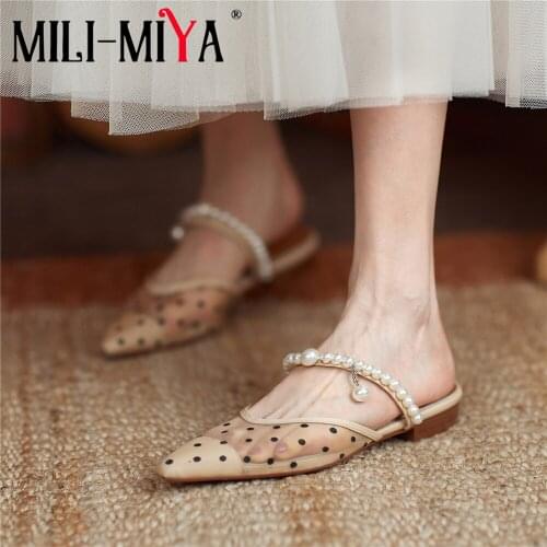 MILI-MIYA New Designer Women Pointed Toe Slides New Summer Mules Flat Sandals Cow Leather Beading Shallow Daily Life Shoes
