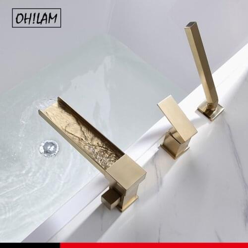 Modern Luxury Deck-Mount Waterfall Roman Bathtub Filler Faucet with Handshower in Brushed Gold