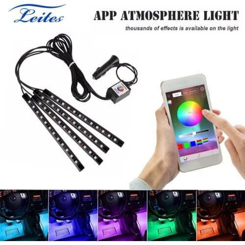 4x Car LED Interior Atmosphere Floor Underdash Lighting RGB Music Control Strip Lights Kit Multicolor APP Bluetooth Controller