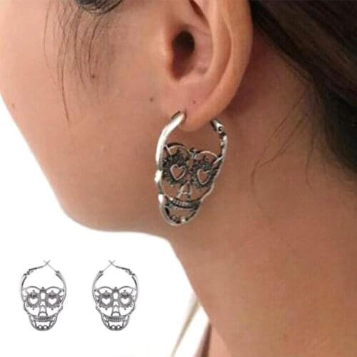 Shuangshuo Vintage Antique Silver Color Love Heart Eyes Skull Hoop Earrings for Women 2018 Punk Party Skeleton Jewelry bijoux