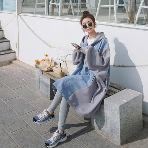 Oversized Stitching Denim Windbreaker Jacket Women New Denim Pregnant Clothing Plus Size Bat Sleeves Hooded Long Jacket e273