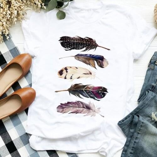 Women Lady Cartoon Feather Cute Printing Fashion 90s Trend Print Tshirt Shirt Clothes Top Graphic Female T Tee Womens T-shirt