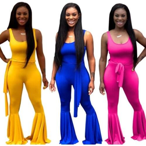 2019 New Summer Womens Sleeveless Bandage Jumpsuit Clubwear Women Sexy Ruffles Flare Leg Pants Jumpsuit Women Bodycon Rompers