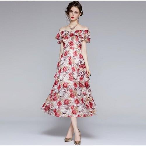 Chic Design Elegant Rose Flower Printted Women 2021 Summer New Sexy Dew Shouder Slash Neck Ruffles A-Line Long Dresses
