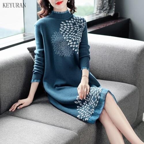 Women Sweater Dress 2021 Atuumn Winter Floral Jacquard Long Sleeve Woman Loose Blue Elegant Knitted Turleneck Dresses Bottoming