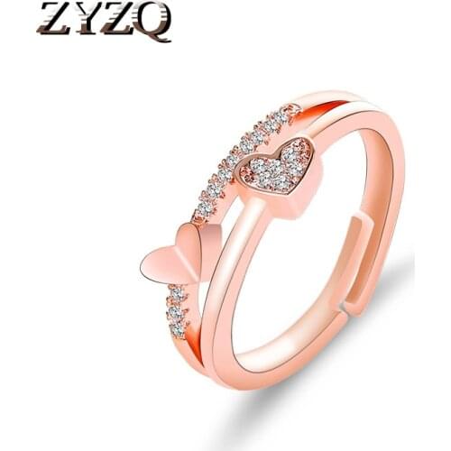 ZYZQ Double Love Heart Shaped Wedding Rings With Tiny Stone Setting Trendy Adjustable Engagement Gift Open Ring For Women 2019