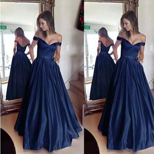2019 Navy Blue Evening Dresses 2019 Off the shoulder A-line Long Beaded Prom Gowns vestido de festa