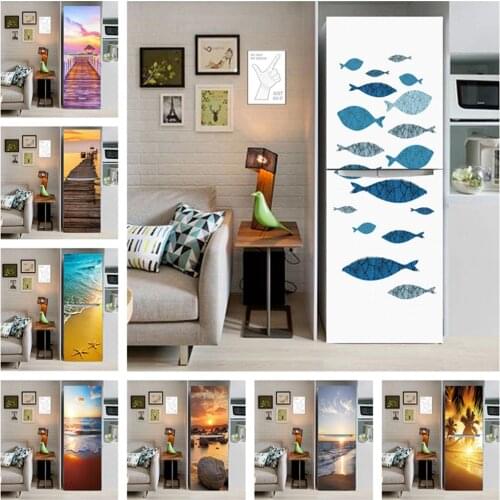 Abstract Fish Vinyl Self Adhesive Fridge Door Wrap Full Film Wallpaper Refrigerator Decoration Seaside Beach Landscape Sticker