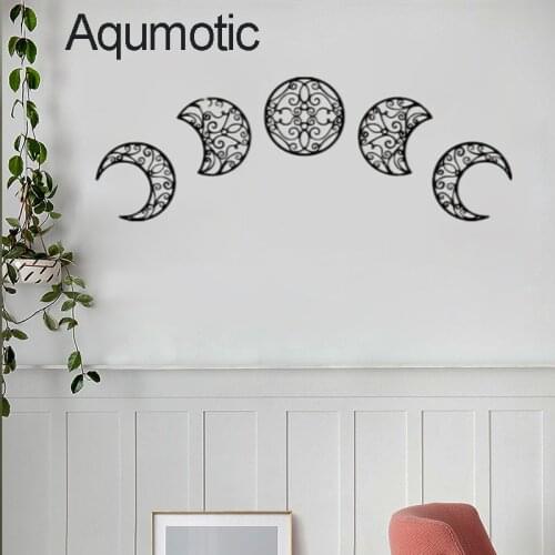 Aqumotic 5pcs Moon Phase 3D Wall Sticker Wood Hollow Large Crescent Lunar Eclipse Woodcarving Flowers Decoration