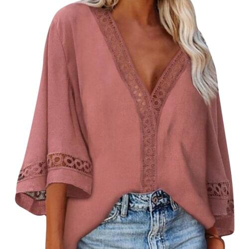 Fashion Women Ladies Solid Color 3/4 Sleeve Lace Patchwork Summer V-Neck Casual Tops Loose Blouse Casual Solid Soft Clothes 2021