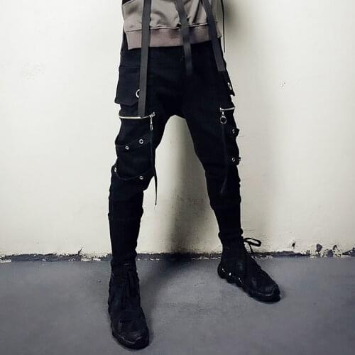 Men ribbons punk hip hop harem pants with many pockets street style cargo pants mens casual joggers hiphop sweatpants for man