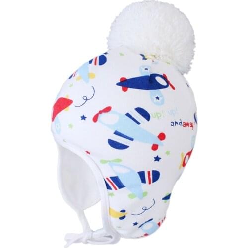 Baby Cap Jersey Cotton Print Ear Protective Kids Hat For Girls Boys Winter Pompom Baby Hat New Children Hats