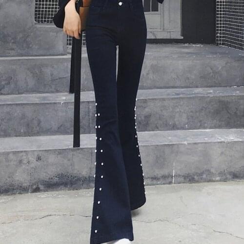 Sexy Women Skinny High Waist Boot Cut Jeans Office Ladies Beads Bell-bottomed Pants Casual Vintage Denim Flare Trousers Jeans