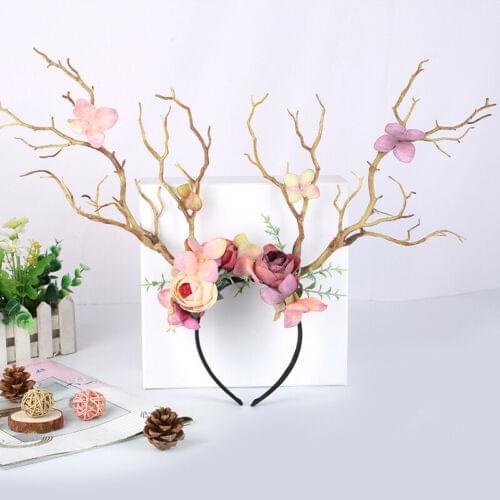 Hirigin 2020 Women Christmas Fairy Tale Flower Headband Retro Tree Branch Deer Ears Antler Hair Hoop Crown Festival Party Props