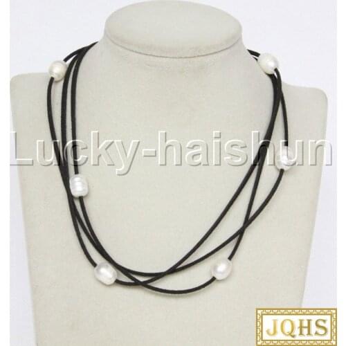 JQHS Baroque 3 Rows white freshwater pearls Black leather necklace magnet clasp j12940