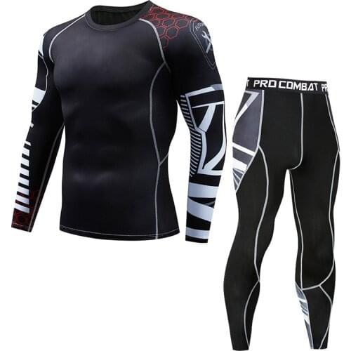 Four Seasons New Mens Round Neck Pattern Fitness Clothing Suit Tights Running Training Sports Suit Men Sports Tracksuit