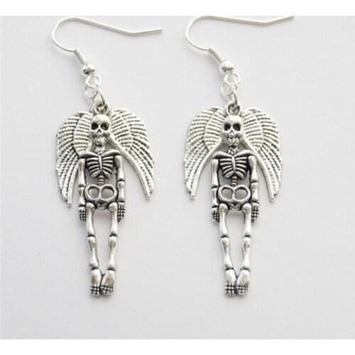 Winged Skeleton Earrings, Halloween Earrings, Metal Earrings, Skeleton Jewelry, Skull Earrings, Goth Earrings, Bone Jewelry