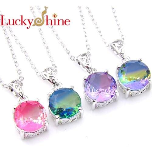 Luckyshine Hot Round Cut Multi Color Bi-Colored Tourmaline Gems Silver For Women Charm Wedding Necklace Pendants With chain