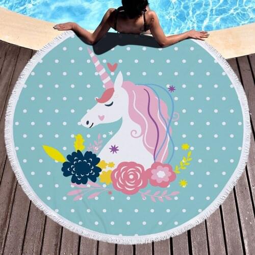 Cute Unicorn Pattern Big Round Beach Towel Swimming Bath Towels With Tassel Babys Room Carpet serviette de plage T95