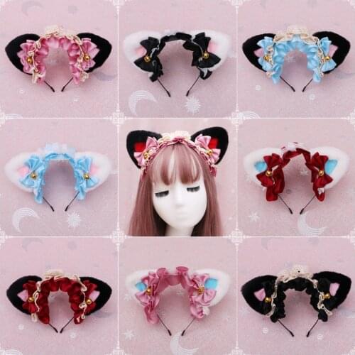 New Masquerade Halloween Cute Fox Cat Ears Plush Headband Lolita Cosplay Party Costume Bow Tie Bell Girls Anime Hair Accessories