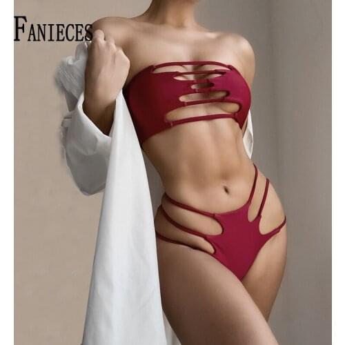 FANIECES Sexy Hollow Out Bandage Swimsuit Summer Women Bikini Sets Bandeau Bathing Suit Solid Swim Beach Wear Female Two Pieces