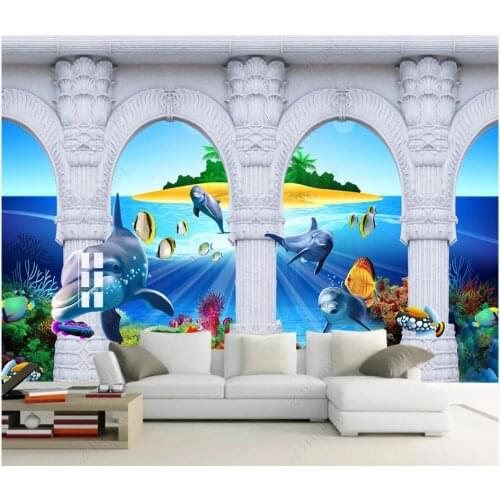 Custom photo wallpaper for walls 3 d mural Mediterranean sea view TV dolphin cylindrical sofa background wall papers home decor