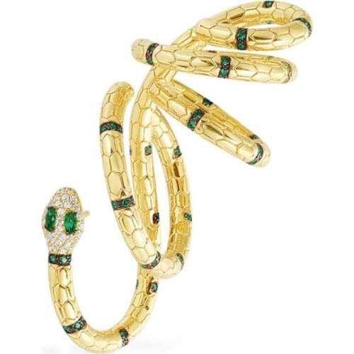 Top Quality Real 925 Sterling Silver Yellow Gold Color Big Serpent Statement Ear Cuff Green Stones Snake Clip Earring for Women