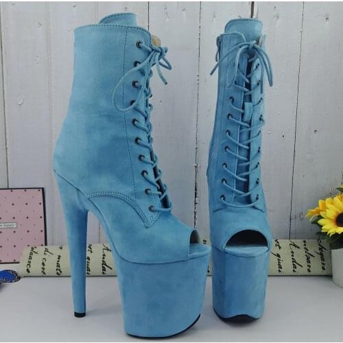 Leecabe Light Blue Suede 20CM/8inches Pole dancing shoes High Heel platform Boots open toe Pole Dance boots