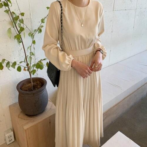Spring Long Sleeve Pleated Long Dress Women High Waist Elegant Brief Round Collar Pullover One Piece Solid Color