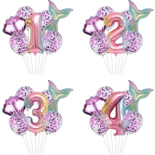7pcs Little Mermaid Party Balloons 0 1 2 3 4 5 6 7 8 9 Foil Number Balloons Baby Shower Party Decorations Shells Helium Globos