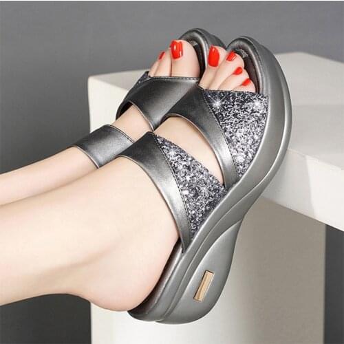 Women Bling Wedges 2020 Woman Summer Slippers Ladies Platform Womens PU Leather Fashion Female Beach Shoes Plus Size 43